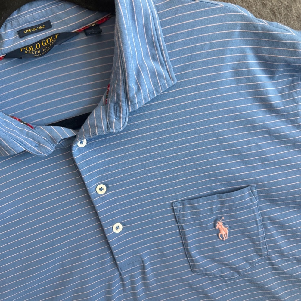 Polo Golf Ralph Lauren Mens‎ XL Blue White Striped Stretch Lisle Pocket Shirt